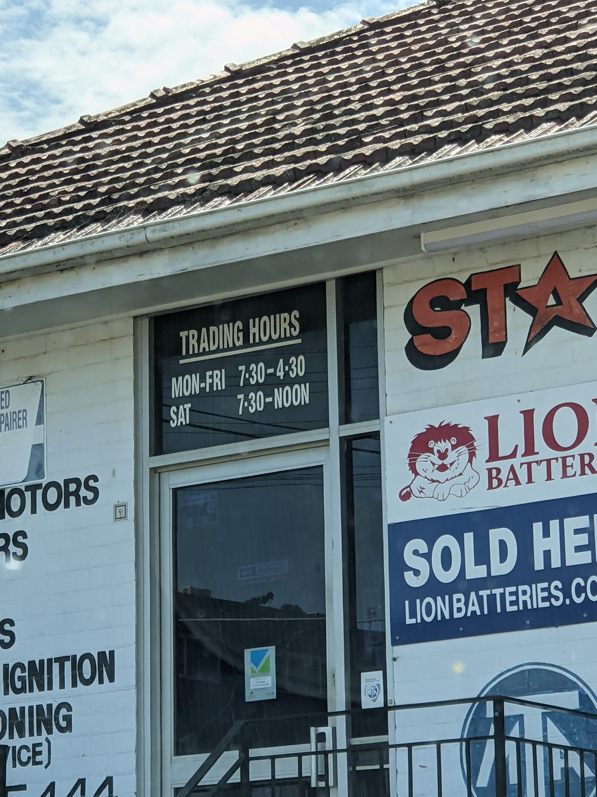 The Star Auto Electrics shopfront on Buffalo Road, Gladesville, with red STAR lettering and trading hours board